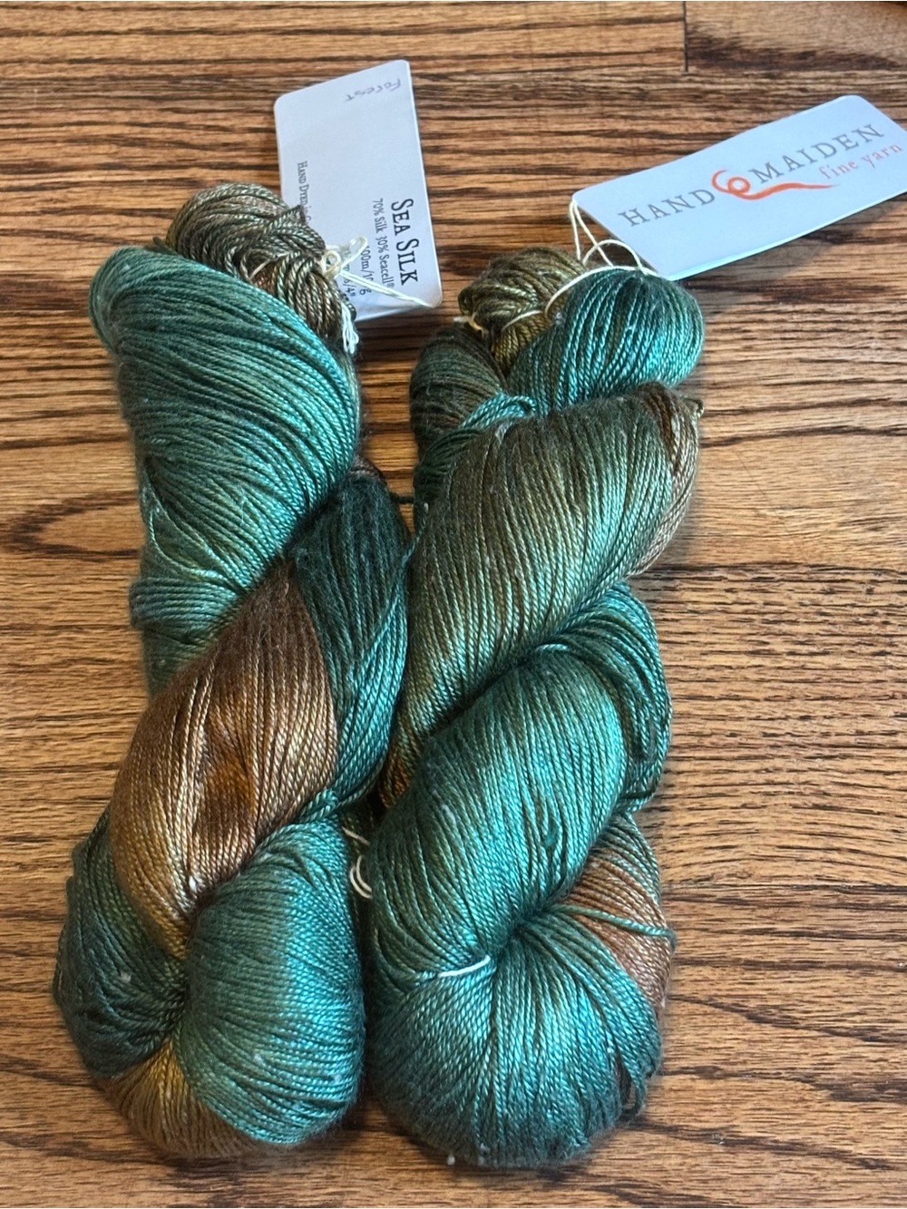 Hand Maiden Yarn Lot of 2 Sea Silk 70% Silk 30% Seacell Forest Green Fingering
